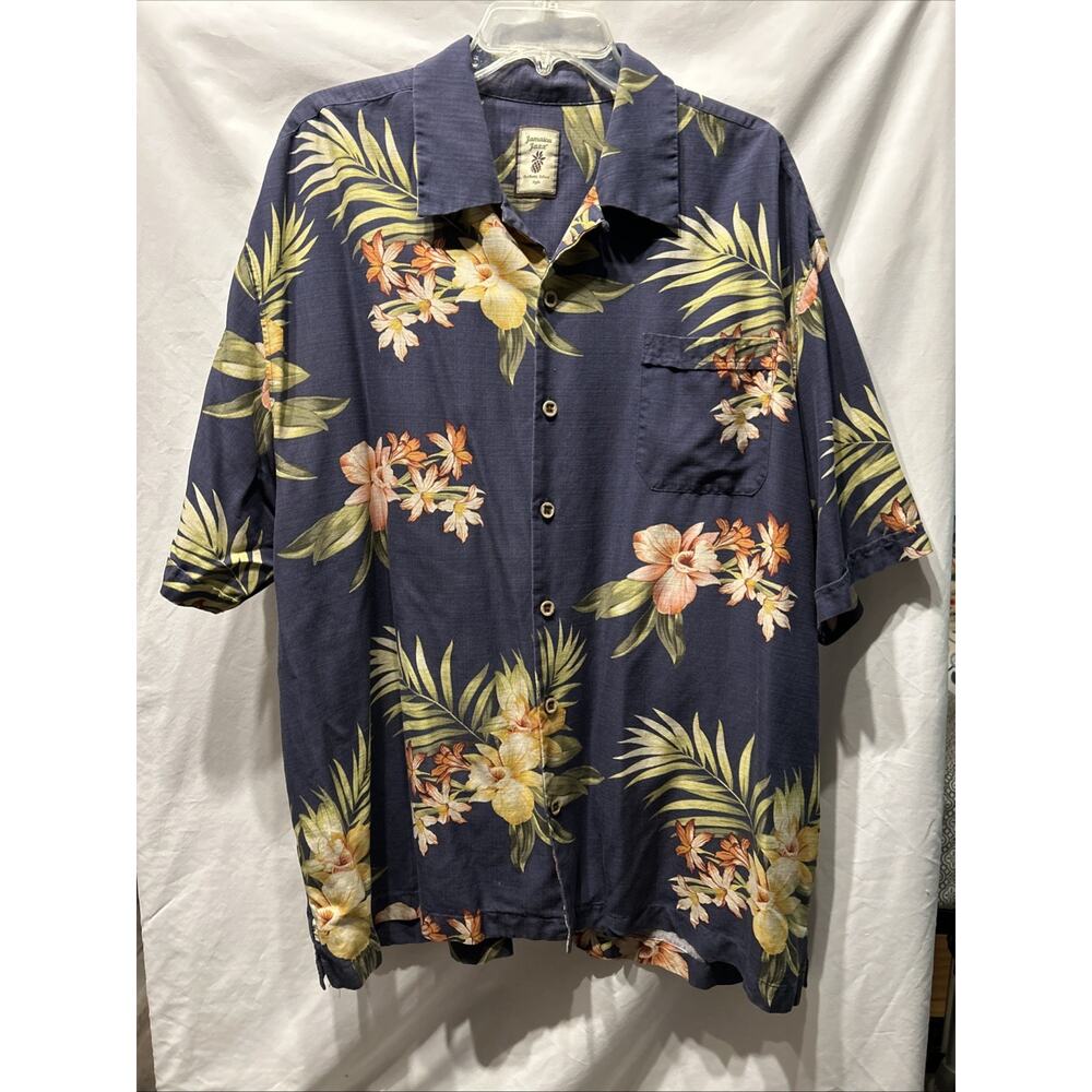 JAMAICA JAXX Men's 2XL Silk Hawaiian Shirt Blue Floral Short Sleeve Tropical